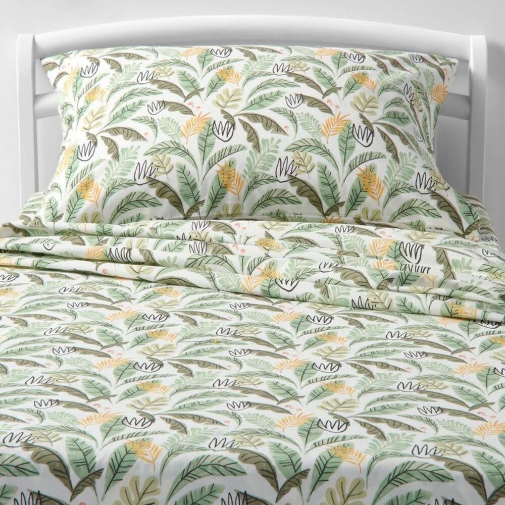 Pillowfort Green and Yellow Botanical Leaf Print Sheet Set